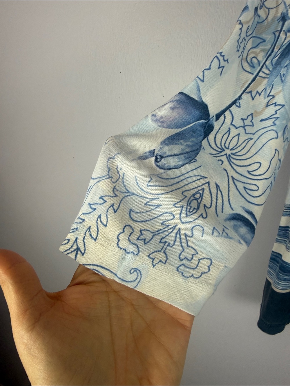 Olsen Europe Cotton Blue Floral Watercolor Embellished 3/4 Sleeve Top Size M 10 - Picture 5 of 13